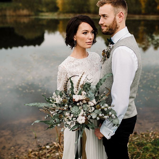 Boho Bride in Shikoba Bride Wedding Dress | Groom in Kaye Hannabuss Textiles Grey Waitcoat | Boho Winter Tipi Wedding Inspiration | Styling & Concept by Pretty Creative | Amy Faith Photography