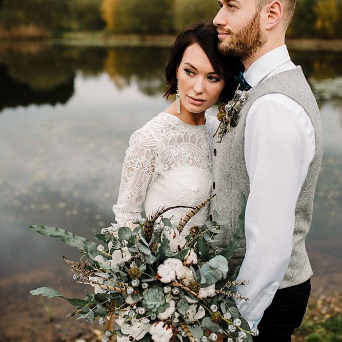 Boho Bride in Shikoba Bride Wedding Dress | Groom in Kaye Hannabuss Textiles Grey Waitcoat | Boho Winter Tipi Wedding Inspiration | Styling & Concept by Pretty Creative | Amy Faith Photography