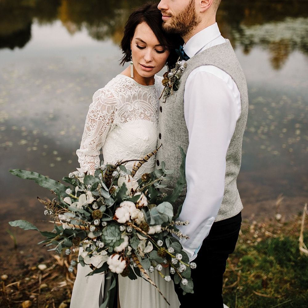 Boho Bride in Shikoba Bride Wedding Dress | Groom in Kaye Hannabuss Textiles Grey Waitcoat | Boho Winter Tipi Wedding Inspiration | Styling & Concept by Pretty Creative | Amy Faith Photography