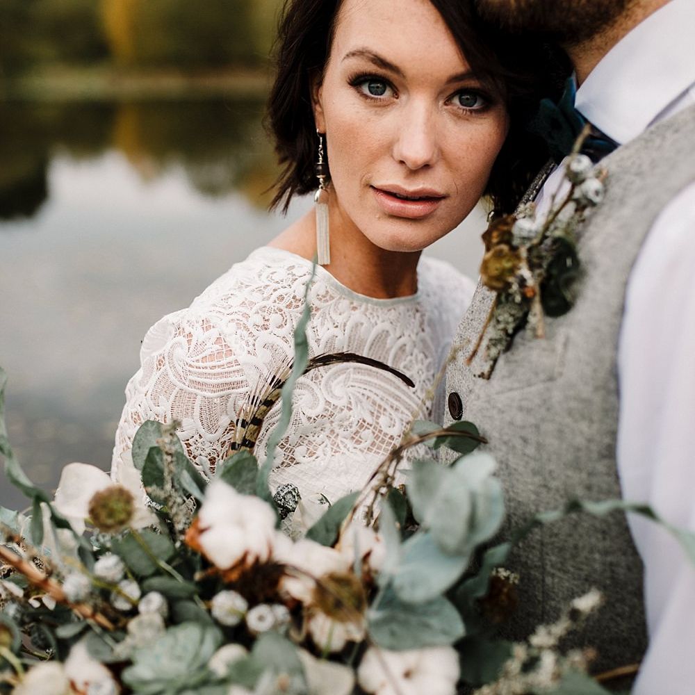 Boho Bride in Shikoba Bride Wedding Dress | Groom in Kaye Hannabuss Textiles Grey Waitcoat | Boho Winter Tipi Wedding Inspiration | Styling & Concept by Pretty Creative | Amy Faith Photography