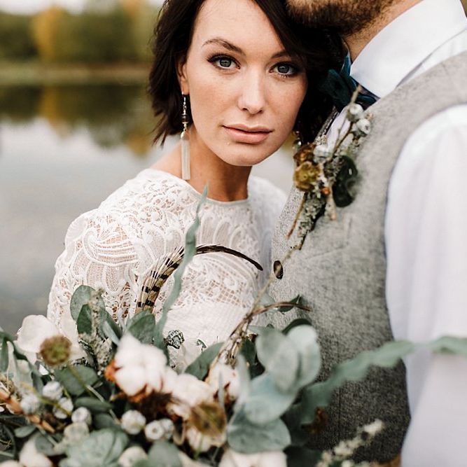 Boho Bride in Shikoba Bride Wedding Dress | Groom in Kaye Hannabuss Textiles Grey Waitcoat | Boho Winter Tipi Wedding Inspiration | Styling & Concept by Pretty Creative | Amy Faith Photography