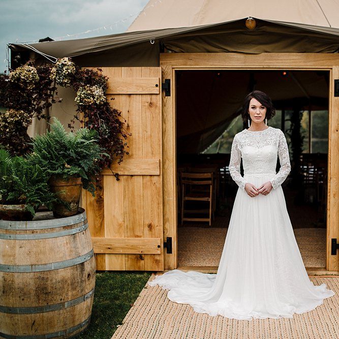 Tipi by All About Me Marquees | Boho Bride in Shikoba Bride Wedding Dress | Boho Winter Tipi Wedding Inspiration | Styling & Concept by Pretty Creative | Amy Faith Photography