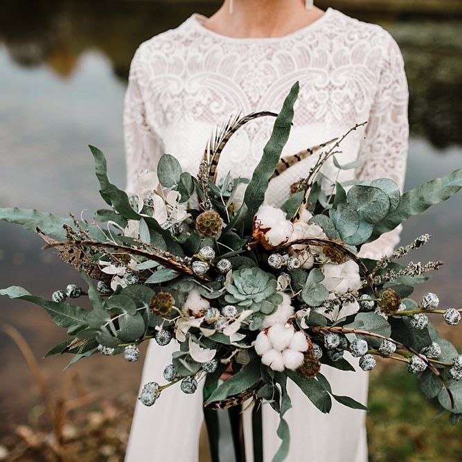 Winter Bouquet | Eucalyptus | Succulents | Pheasant Feather | Boho Bride in Shikoba Bride Wedding Dress | Boho Winter Tipi Wedding Inspiration | Styling & Concept by Pretty Creative | Amy Faith Photography