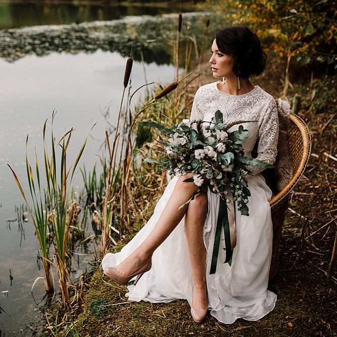 Winter Bouquet | Eucalyptus | Succulents | Pheasant Feather | Boho Bride in Shikoba Bride Wedding Dress | Boho Winter Tipi Wedding Inspiration | Styling & Concept by Pretty Creative | Amy Faith Photography