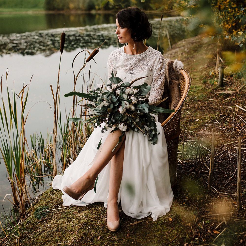 Winter Bouquet | Eucalyptus | Succulents | Pheasant Feather | Boho Bride in Shikoba Bride Wedding Dress | Boho Winter Tipi Wedding Inspiration | Styling & Concept by Pretty Creative | Amy Faith Photography