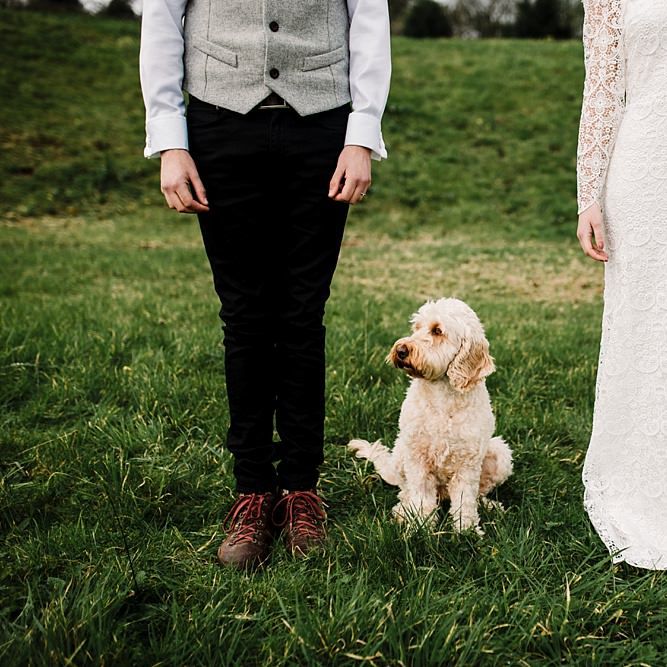 Boho Bride in Shikoba Bride Wedding Dress | Groom in Kaye Hannabuss Textiles Grey Waitcoat | Boho Winter Tipi Wedding Inspiration | Styling & Concept by Pretty Creative | Amy Faith Photography