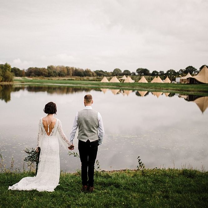 Boho Bride in Shikoba Bride Wedding Dress | Groom in Kaye Hannabuss Textiles Grey Waitcoat | Boho Winter Tipi Wedding Inspiration | Styling & Concept by Pretty Creative | Amy Faith Photography
