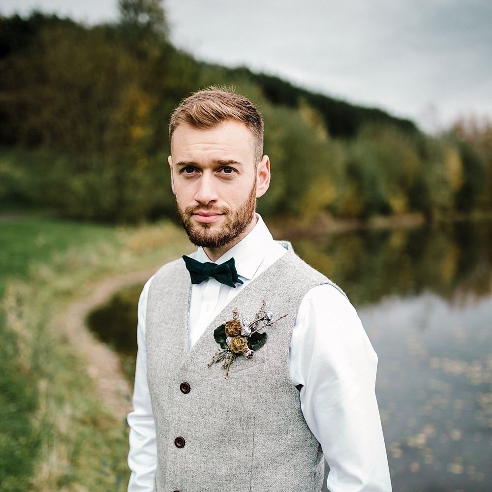 Groom in Kaye Hannabuss Textiles Grey Waitcoat | Boho Winter Tipi Wedding Inspiration | Styling & Concept by Pretty Creative | Amy Faith Photography