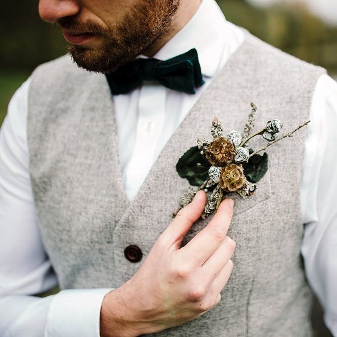 Winter Buttonhole | Groom in Kaye Hannabuss Textiles Grey Waitcoat | Boho Winter Tipi Wedding Inspiration | Styling & Concept by Pretty Creative | Amy Faith Photography