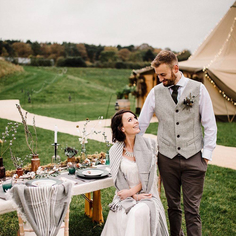 Boho Bride in Shikoba Bride Wedding Dress | Groom in Kaye Hannabuss Textiles Grey Waitcoat | Boho Winter Tipi Wedding Inspiration | Styling & Concept by Pretty Creative | Amy Faith Photography