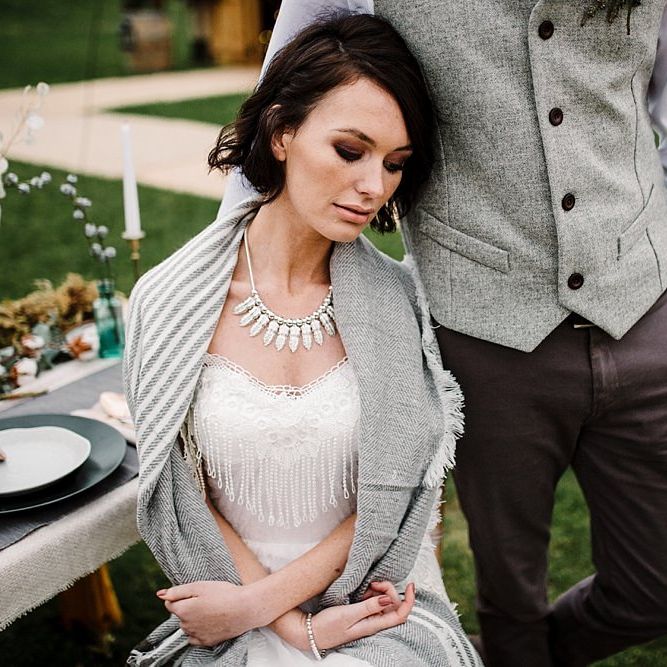 Boho Bride in Shikoba Bride Wedding Dress | Groom in Kaye Hannabuss Textiles Grey Waitcoat | Boho Winter Tipi Wedding Inspiration | Styling & Concept by Pretty Creative | Amy Faith Photography