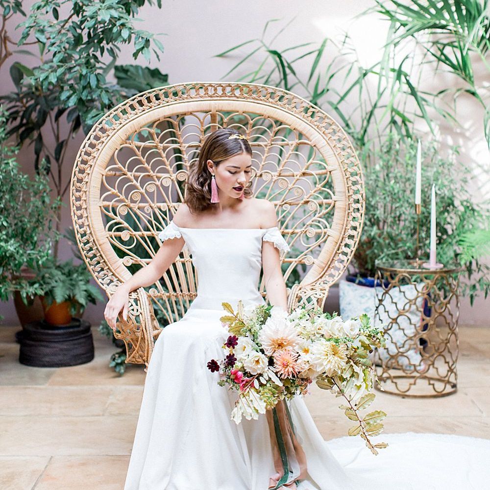 Bride on Peacock Chair | Botanical Boho Luxe Inspiration | Philippa Sian Photography