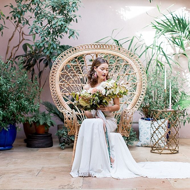 Bride on Peacock Chair | Botanical Boho Luxe Inspiration | Philippa Sian Photography