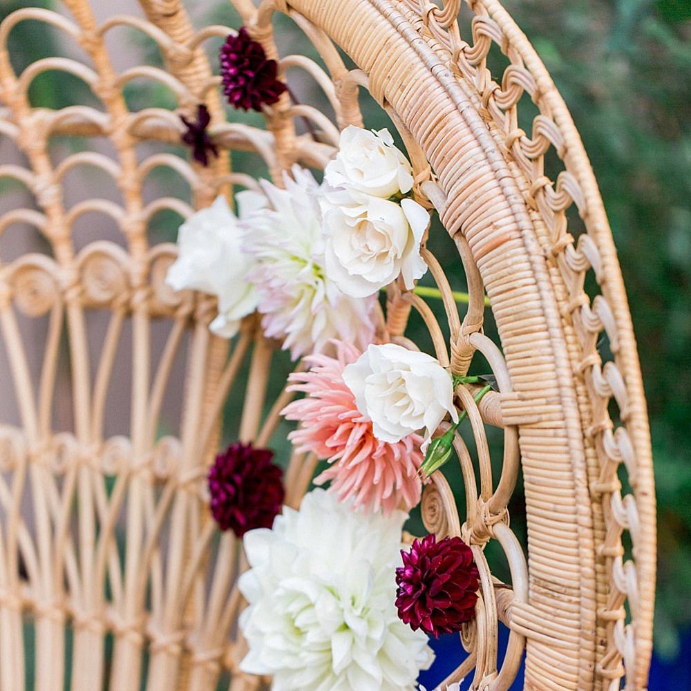 Dahlia Flowers on Peacock Chair | Botanical Boho Luxe Inspiration | Philippa Sian Photography