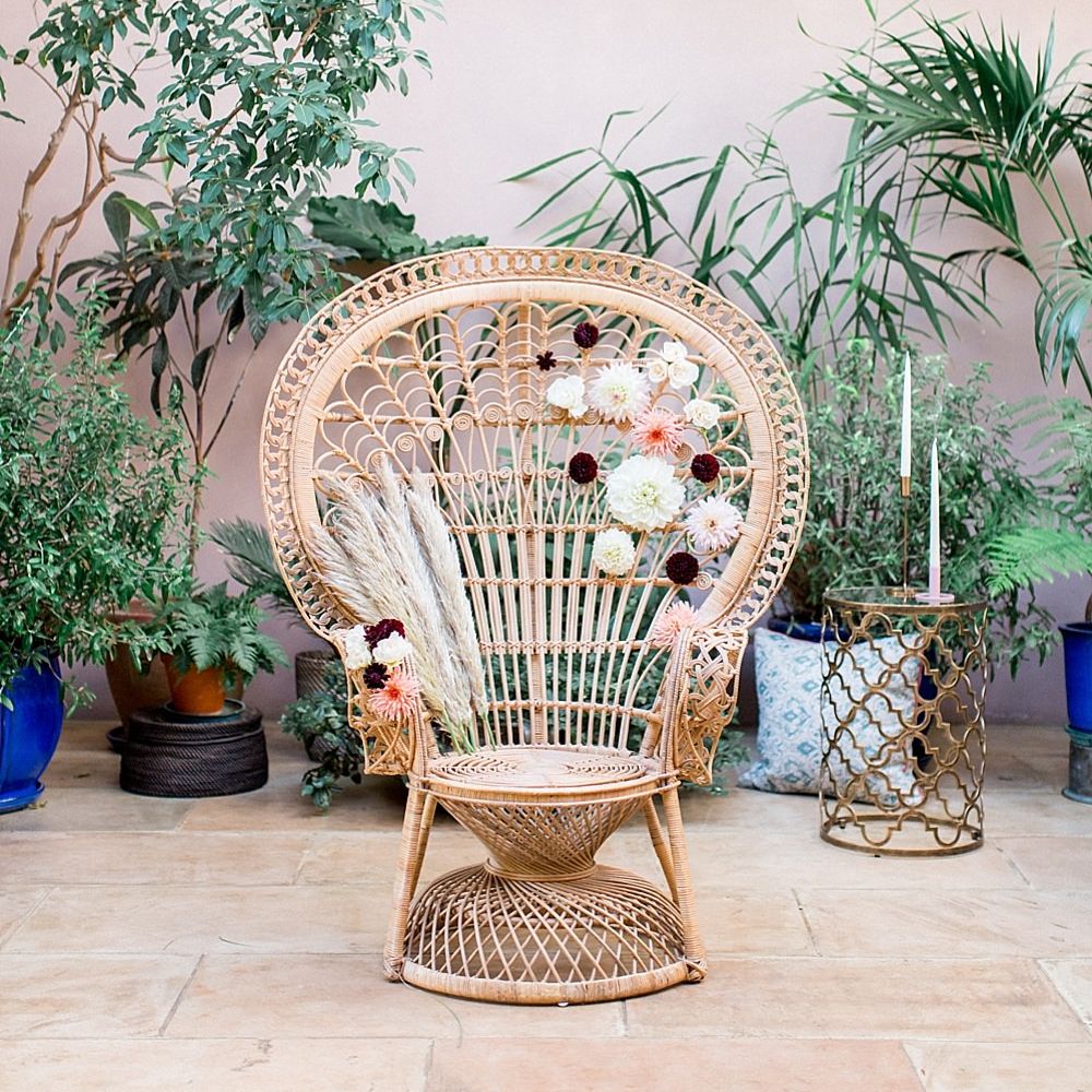 Dahlia Flowers on Peacock Chair | Botanical Boho Luxe Inspiration | Philippa Sian Photography