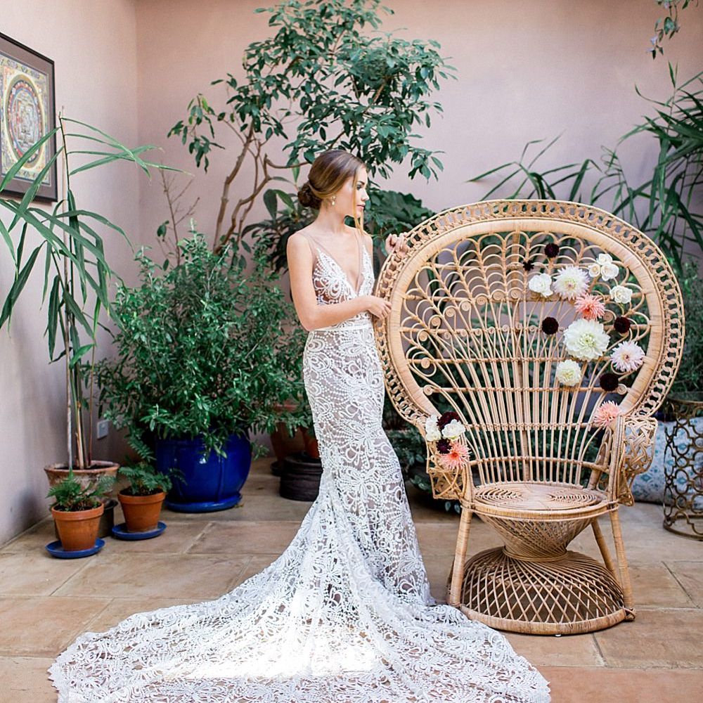 Bride in Lace Dress | Peacock Chair | Botanical Boho Luxe Inspiration | Philippa Sian Photography