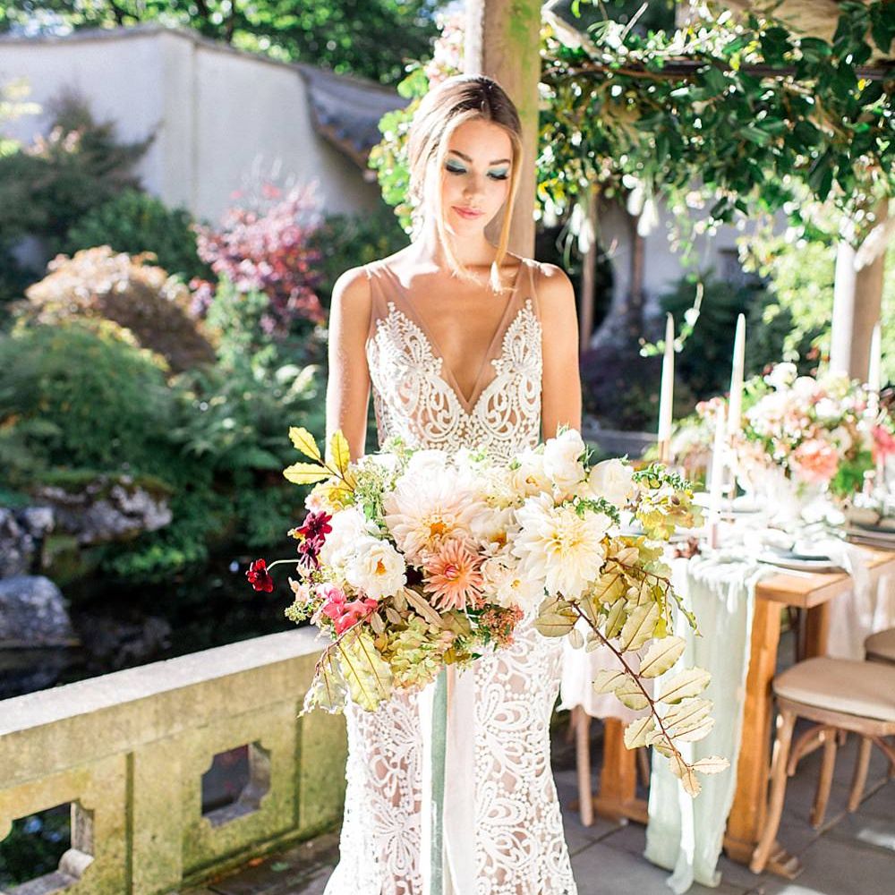 Boho Bride in Lace Wedding Dress | Botanical Boho Luxe Inspiration | Philippa Sian Photography