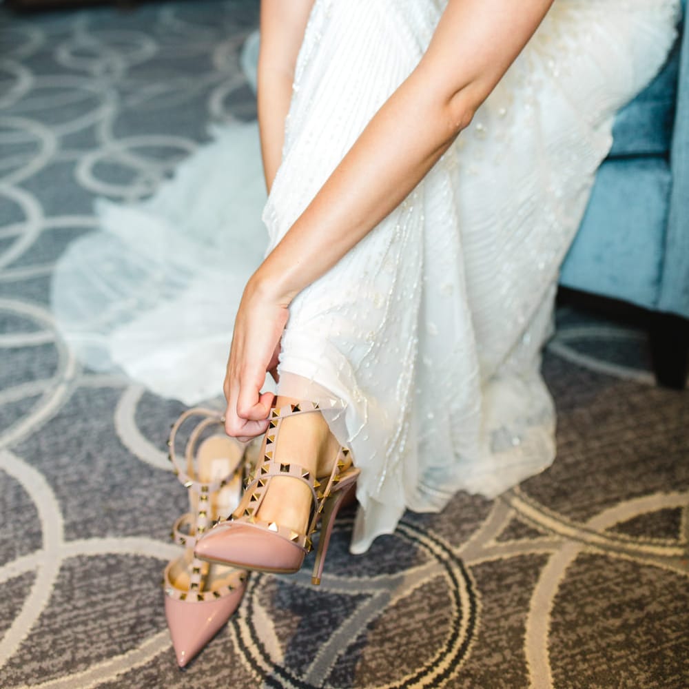 Getting Ready | Bride in Eliza Jane Howell Wilma Gown | Valentino Rockstud Bridal Shoes | The Gibson's Photography | Second Shooter Martin Venherm | White Balloon Films