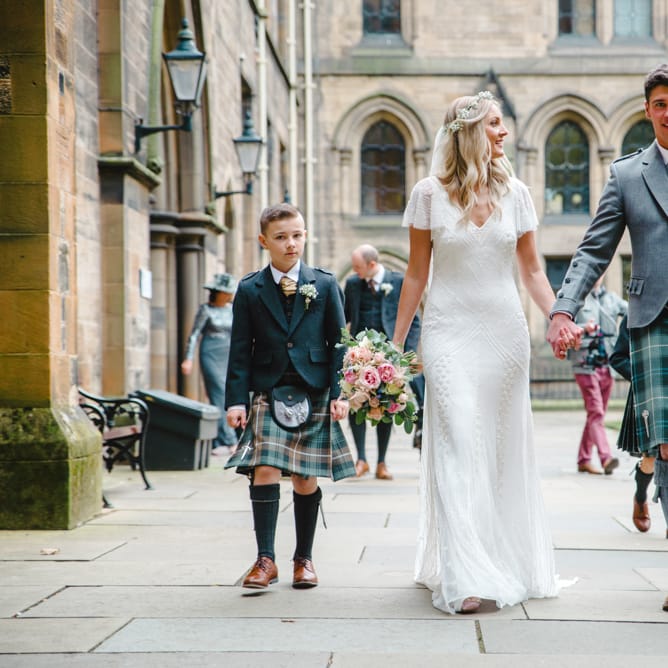 Bride in Eliza Jane Howell Wilma Wedding Dress | Groom in Kilt | The Gibson's Photography | Second Shooter Martin Venherm | White Balloon Films