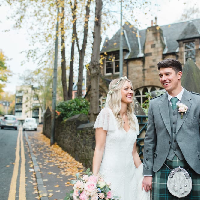 Bride in Eliza Jane Howell Wilma Wedding Dress | Groom in Kilt | The Gibson's Photography | Second Shooter Martin Venherm | White Balloon Films