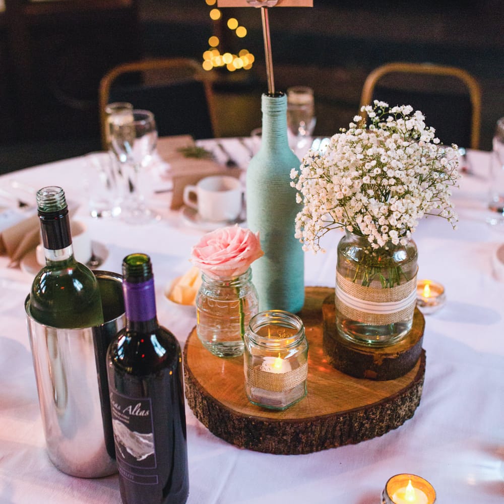 Rustic Tree Slice & Jars Centrepiece | The Gibson's Photography | Second Shooter Martin Venherm | White Balloon Films