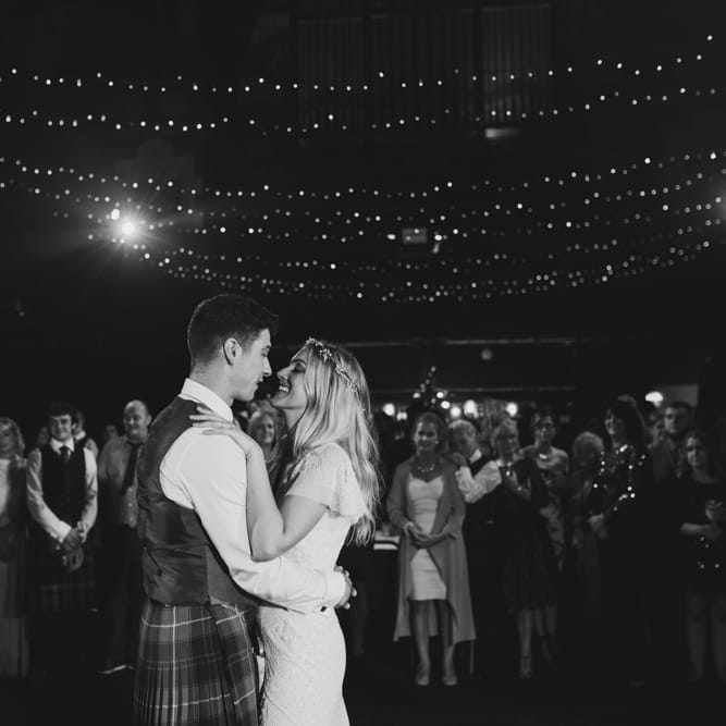 First Dance | Bride in Eliza Jane Howell Wilma Wedding Dress | Groom in Kilt | The Gibson's Photography | Second Shooter Martin Venherm | White Balloon Films