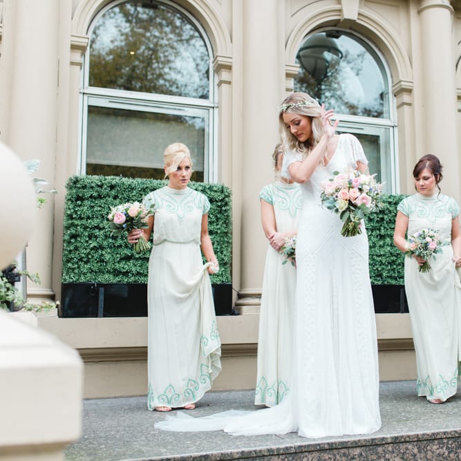 Bridesmaids in Frock & Frill ASOS Mint Green Dresses | Bride in Eliza Jane Howell Wilma Wedding Dress | The Gibson's Photography | Second Shooter Martin Venherm | White Balloon Films
