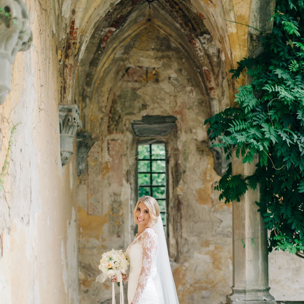 Bride in Suzanne Neville Victoriana Wedding Dress