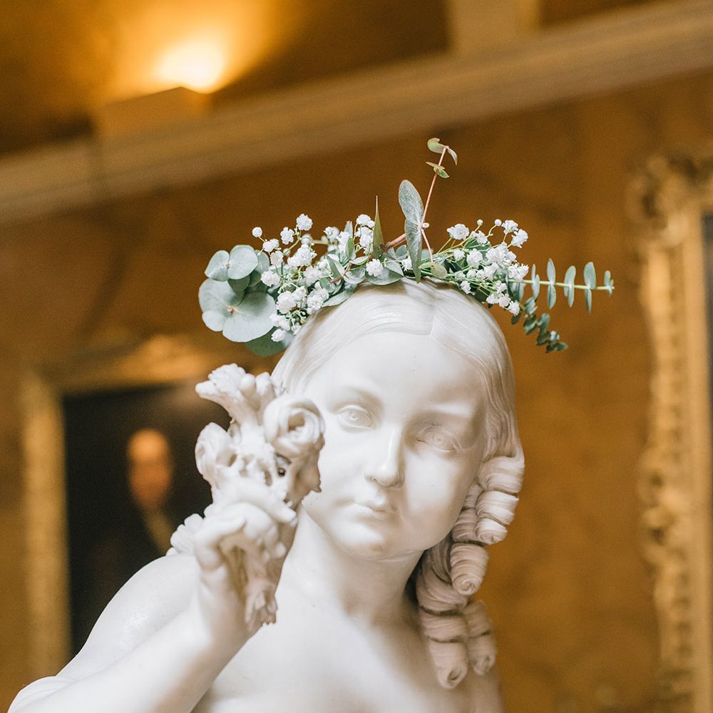 Statue with Flower Crown | Classic Blue & White Wedding at Prestwold Hall in Loughborough | Georgina Harrison Photography