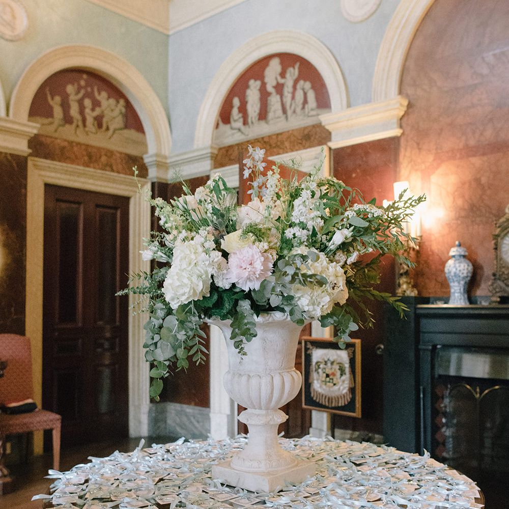 White Floral Arrangement | Classic Blue & White Wedding at Prestwold Hall in Loughborough | Georgina Harrison Photography