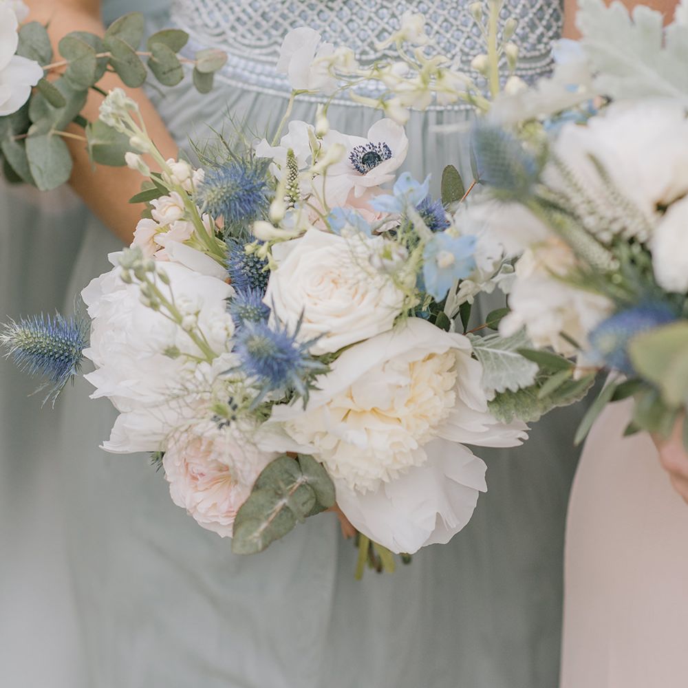 Delicate White & Blue Bouquet | Classic Blue & White Wedding at Prestwold Hall in Loughborough | Georgina Harrison Photography