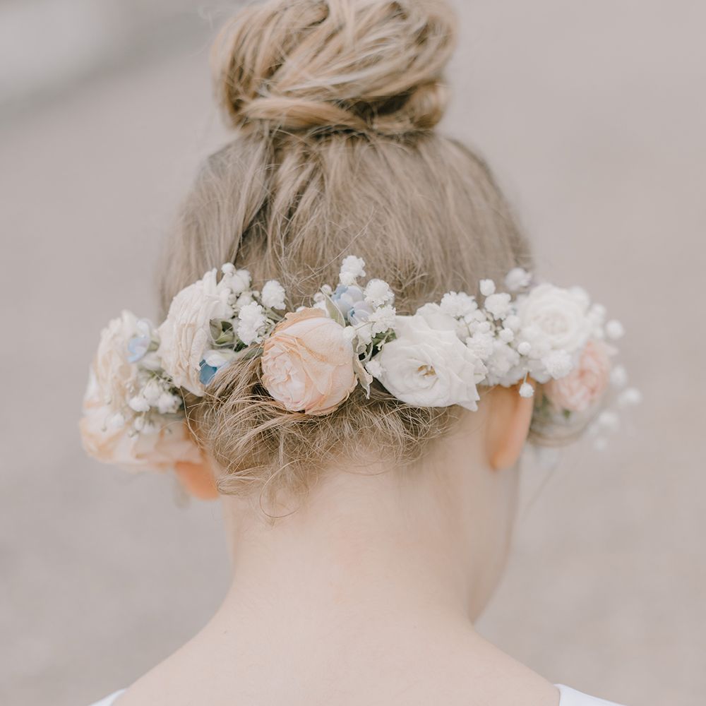 Flower Crown | Classic Blue & White Wedding at Prestwold Hall in Loughborough | Georgina Harrison Photography