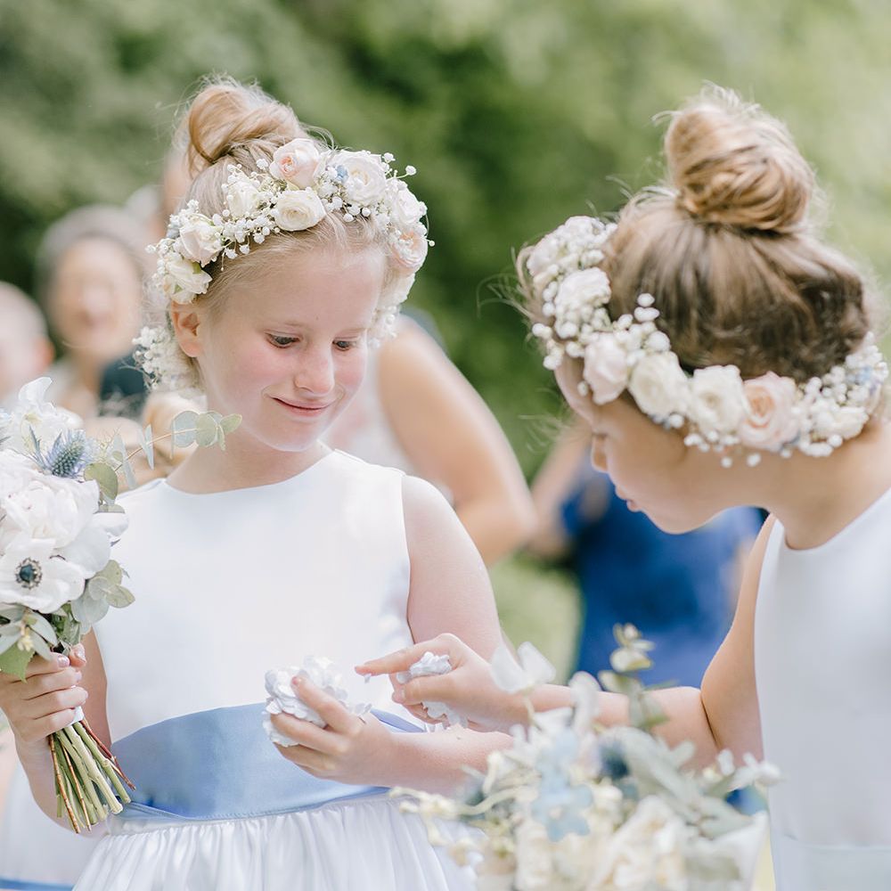 Flower Girls with Flower Crowns | Classic Blue & White Wedding at Prestwold Hall in Loughborough | Georgina Harrison Photography