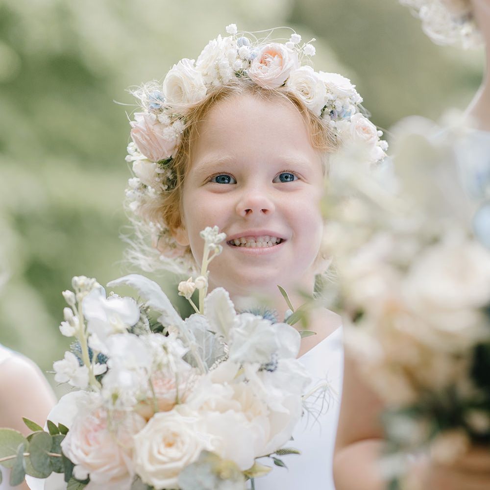 Flower Crown | Classic Blue & White Wedding at Prestwold Hall in Loughborough | Georgina Harrison Photography