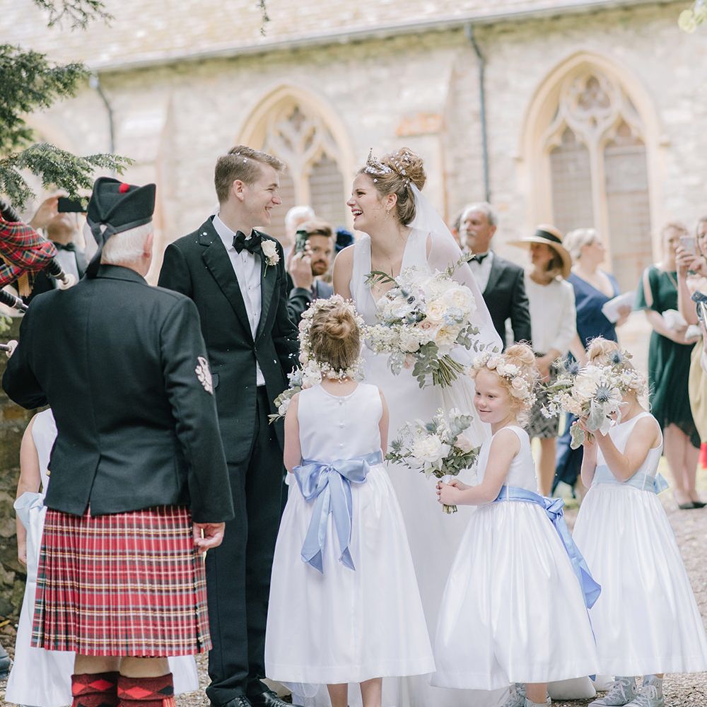 Bride, Groom & Flower Girls | Classic Blue & White Wedding at Prestwold Hall in Loughborough | Georgina Harrison Photography