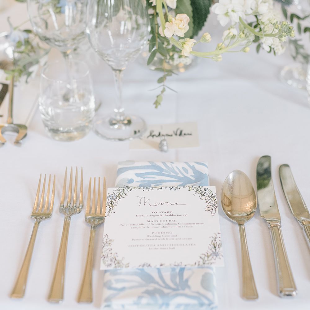 Elegant Place Setting | Classic Blue & White Wedding at Prestwold Hall in Loughborough | Georgina Harrison Photography