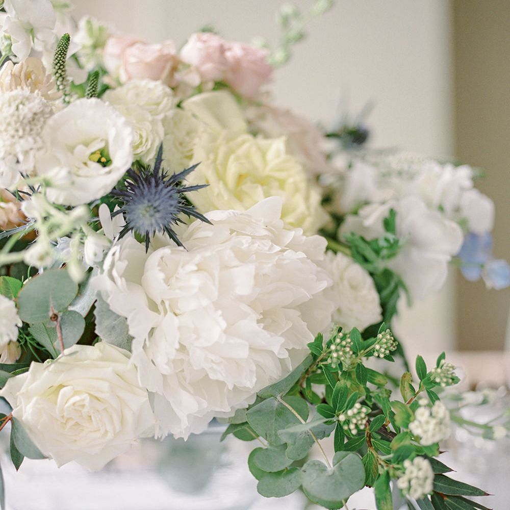 Floral Centrepiece | Classic Blue & White Wedding at Prestwold Hall in Loughborough | Georgina Harrison Photography