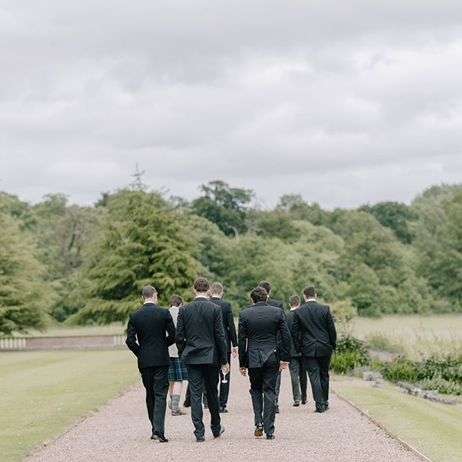 Groomsmen in Black Tuxedos | Classic Blue & White Wedding at Prestwold Hall in Loughborough | Georgina Harrison Photography
