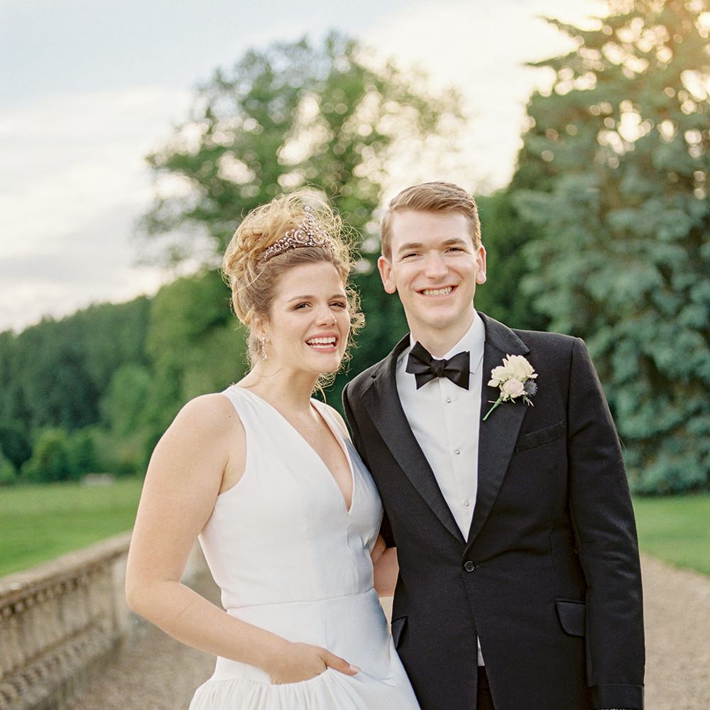 Bride in Dee Hutton Wedding Dress | Groom in Black Tuxedo | Classic Blue & White Wedding at Prestwold Hall in Loughborough | Georgina Harrison Photography