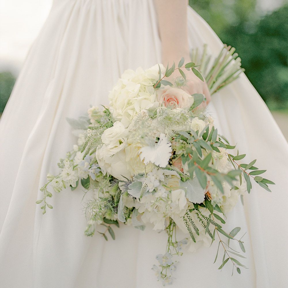 Romantic Bouquet | Bride in Dee Hutton Wedding Dress | Classic Blue & White Wedding at Prestwold Hall in Loughborough | Georgina Harrison Photography