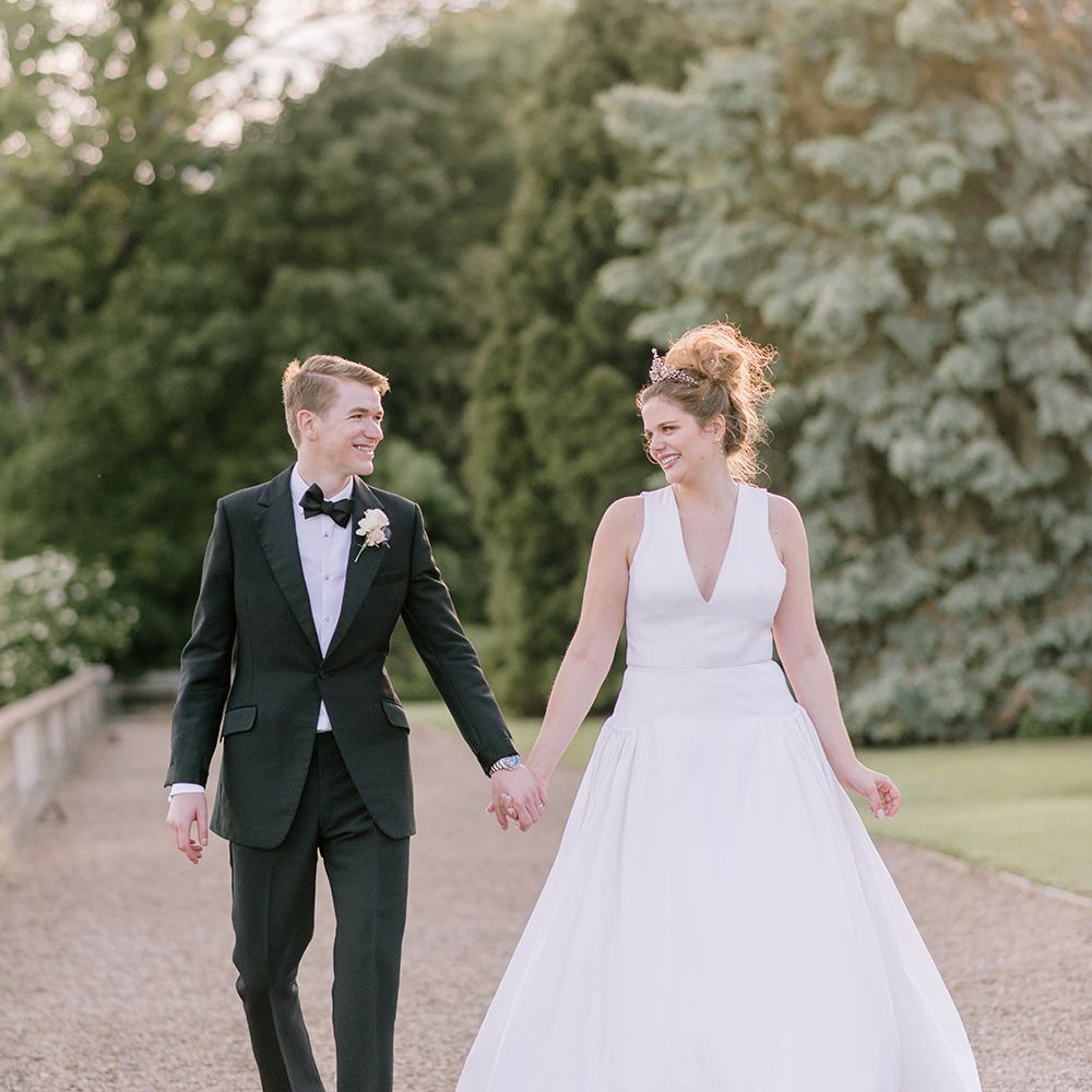 Bride in Dee Hutton Wedding Dress | Groom in Black Tuxedo | Classic Blue & White Wedding at Prestwold Hall in Loughborough | Georgina Harrison Photography
