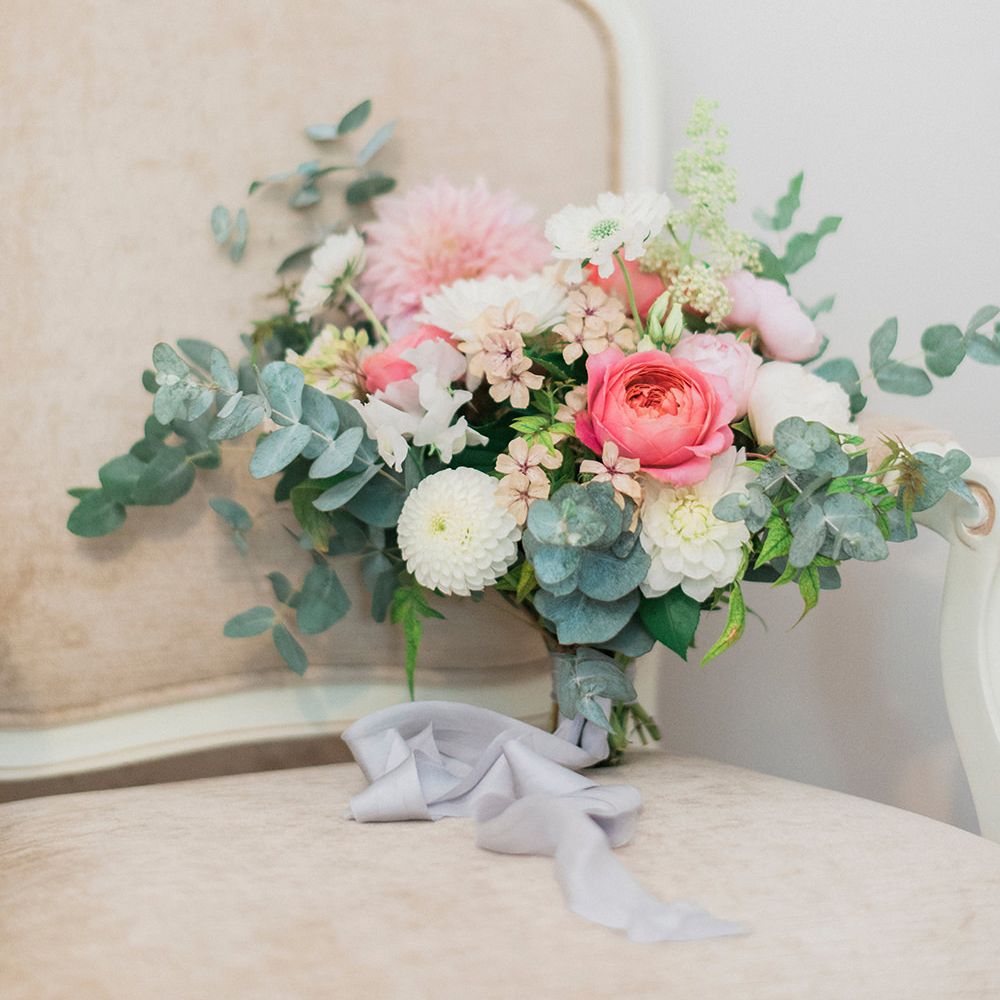 Romantic Bridal Bouquet with Roses, Dahlias & Eucalyptus | Pink & Coral Country Wedding at Crabbs Barn, Essex | Kathryn Hopkins Photography | Film by Colbridge Media Services Ltd