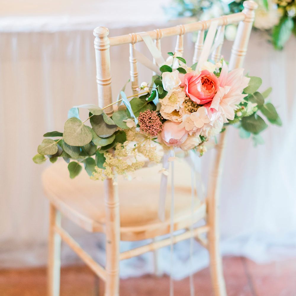 Pink & Coral Chair Back Wedding Flowers | Pink & Coral Country Wedding at Crabbs Barn, Essex | Kathryn Hopkins Photography | Film by Colbridge Media Services Ltd