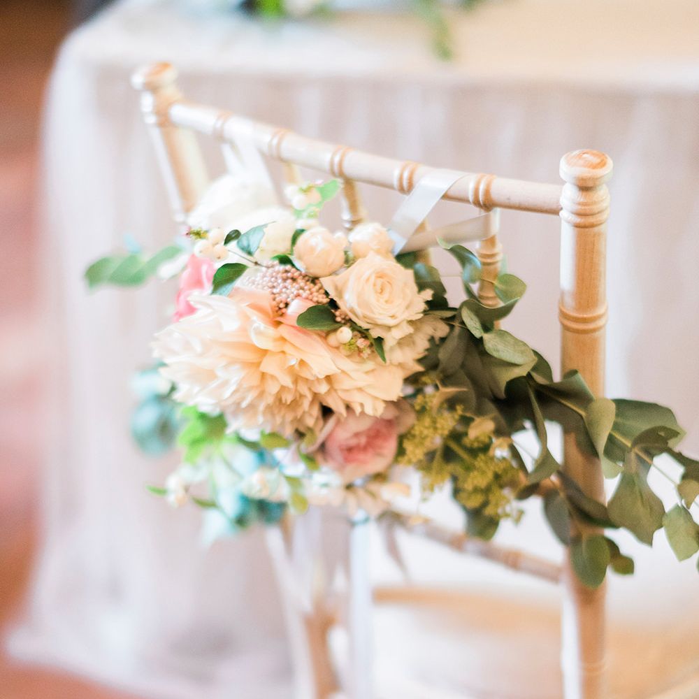 Pink & Coral Chair Back Wedding Flowers | Pink & Coral Country Wedding at Crabbs Barn, Essex | Kathryn Hopkins Photography | Film by Colbridge Media Services Ltd