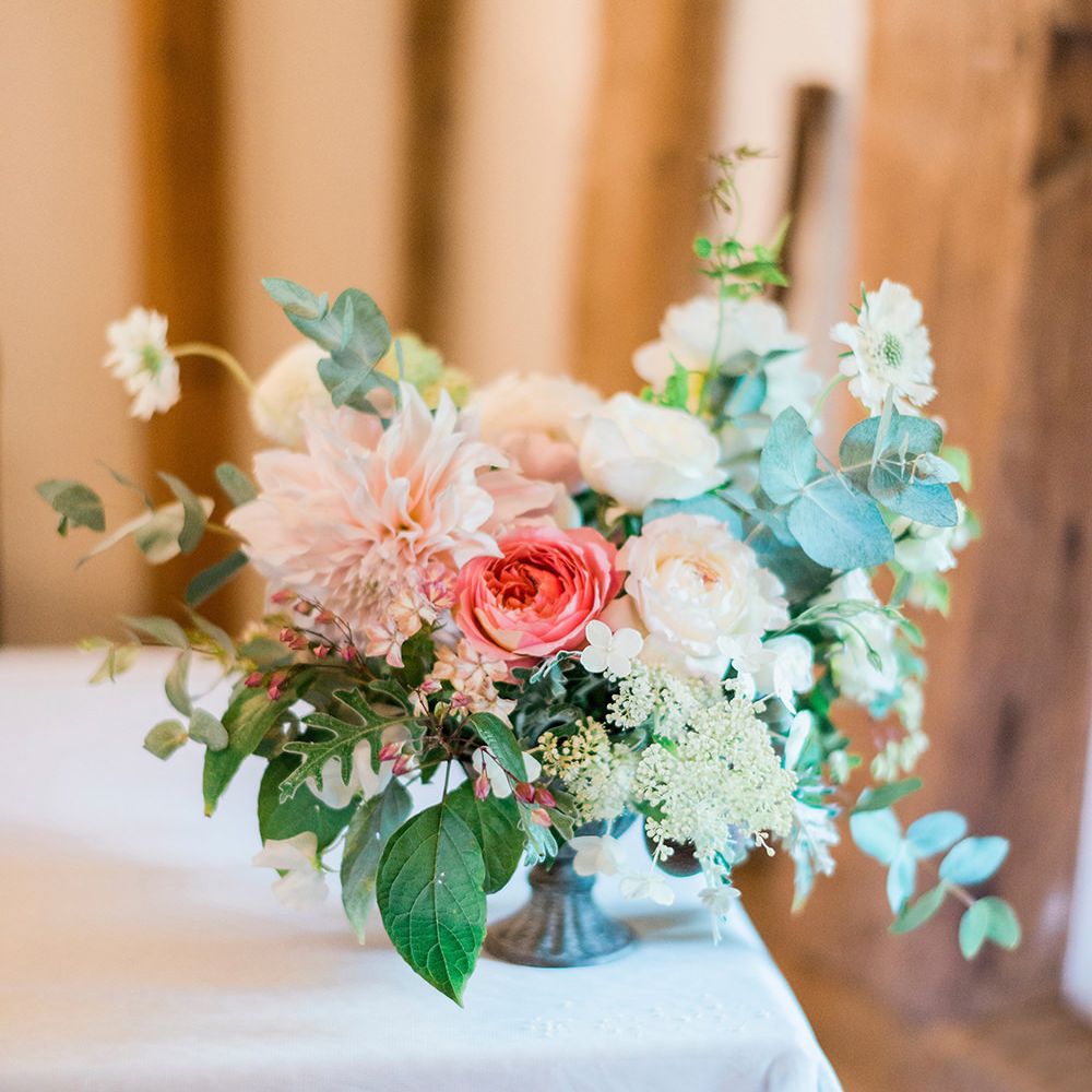 Pink & Coral Floral Arrangement | Pink & Coral Country Wedding at Crabbs Barn, Essex | Kathryn Hopkins Photography | Film by Colbridge Media Services Ltd