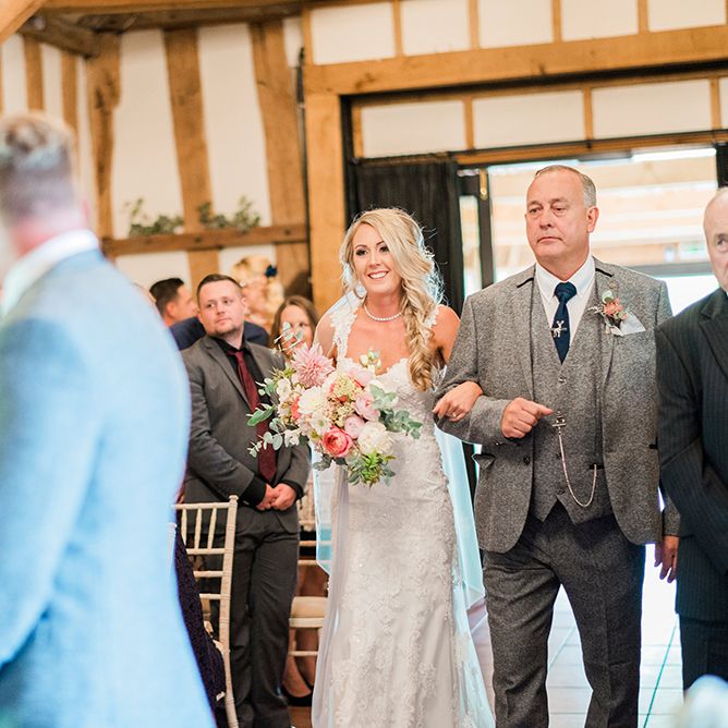 Wedding Ceremony | Bridal Entrance in Lace Enzoani 'Inaru' Bridal Gown | Groom in Grey Wool Master Debonair Suit | Pink & Coral Country Wedding at Crabbs Barn, Essex | Kathryn Hopkins Photography | Film by Colbridge Media Services Ltd
