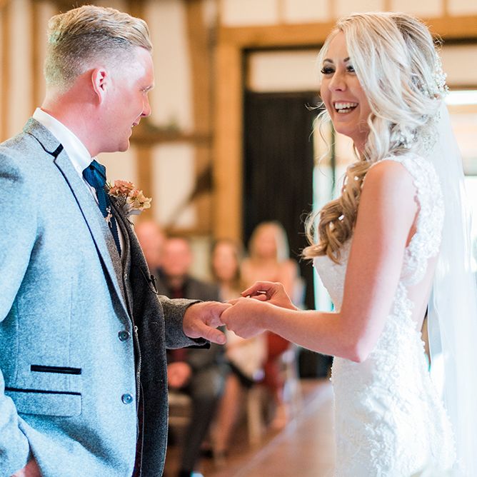 Wedding Ceremony | Bride in Lace Enzoani 'Inaru' Bridal Gown | Groom in Grey Wool Master Debonair Suit | Pink & Coral Country Wedding at Crabbs Barn, Essex | Kathryn Hopkins Photography | Film by Colbridge Media Services Ltd