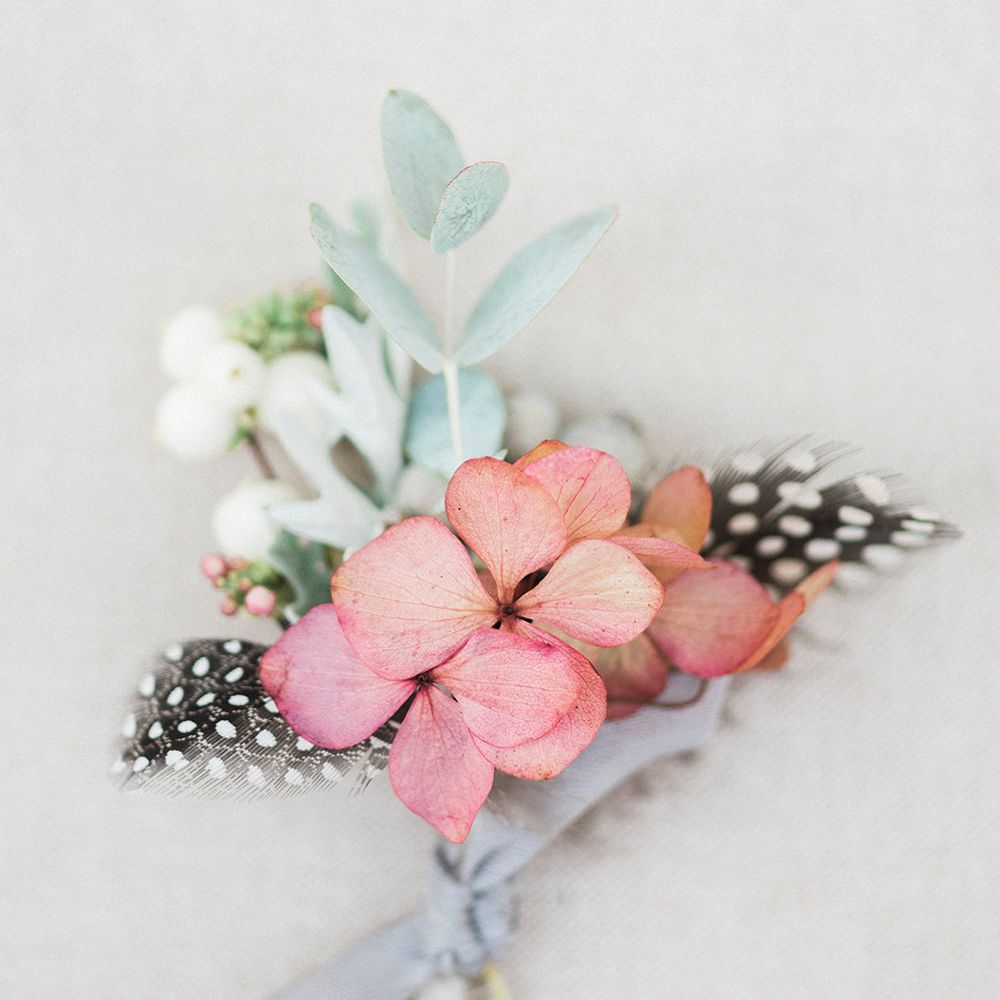 Pink Hydrangea Bottonhole | Pink & Coral Country Wedding at Crabbs Barn, Essex | Kathryn Hopkins Photography | Film by Colbridge Media Services Ltd