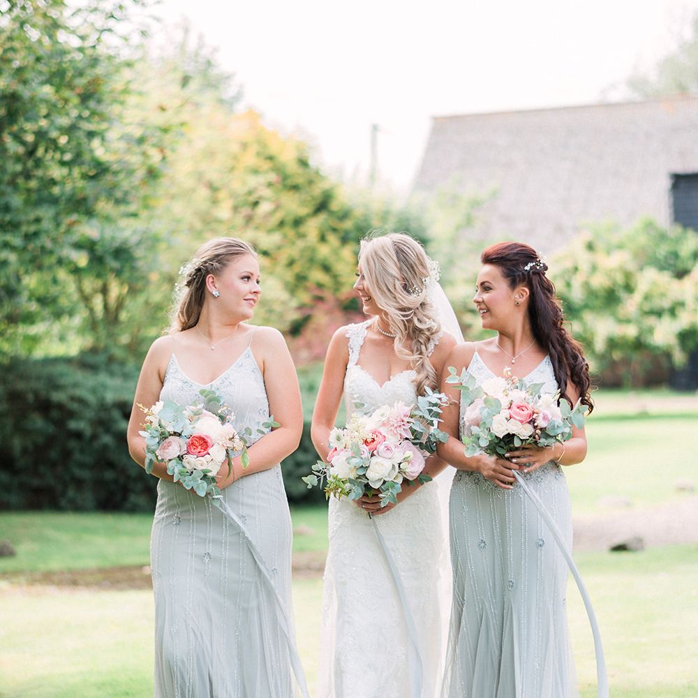 Bride in Lace Enzoani 'Inaru' Bridal Gown | Bridesmaids in Grey Embellished ASOS Dresses | Pink & Coral Country Wedding at Crabbs Barn, Essex | Kathryn Hopkins Photography | Film by Colbridge Media Services Ltd
