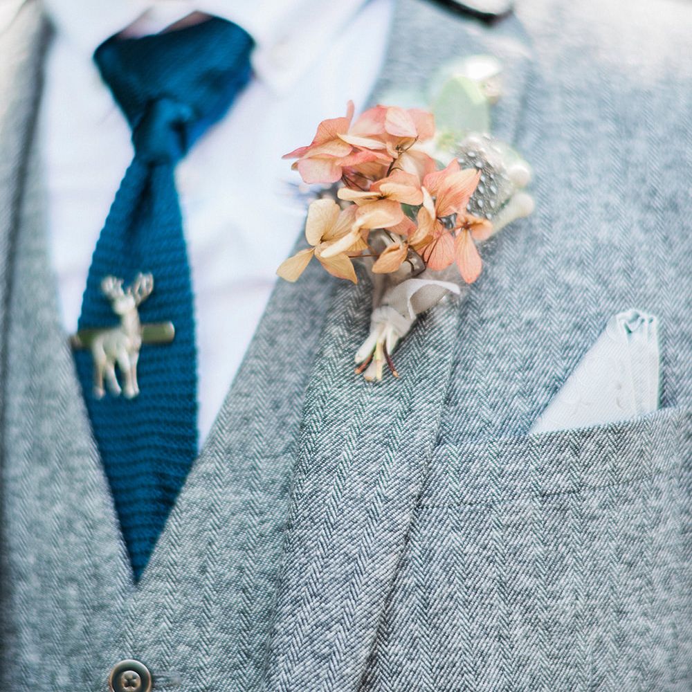 Groom in Grey Wool Master Debonair Suit | Buttonhole | Stag Tie Pink | Pink & Coral Country Wedding at Crabbs Barn, Essex | Kathryn Hopkins Photography | Film by Colbridge Media Services Ltd